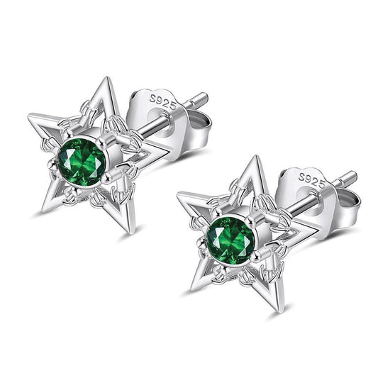 SILVER BARBWIRE STAR EARRINGS - EMERALD