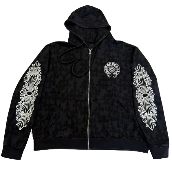 USED Chrome Hearts Cross All Over Print Zip Hoodie
