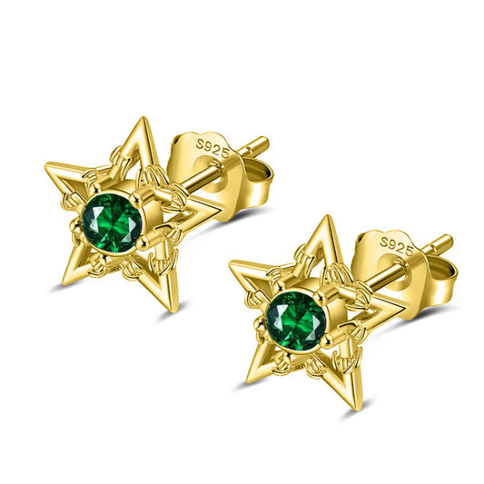 GOLD BARBWIRE STAR EARRINGS - EMERALD