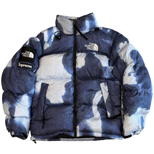 USED Supreme The North Face Bleached Denim Print Nuptse Jacket Indigo